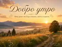 Добро утро над златна планинска долина с мъгла, диви цветя и топъл изгрев