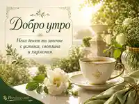 Добро утро с чаша кафе, бели цветя и нежно послание в слънчева градинска атмосфера