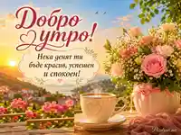 Добро утро с кафе, рози и слънчев изгрев над крайбрежен град
