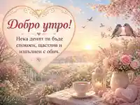 Романтично добро утро със сърце, цветя, птици и слънчев пролетен изгрев