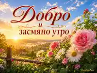 Слънчев планински изгрев с рози, маргаритки и послание за добро и засмяно утро
