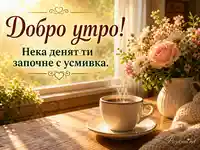 Слънчево добро утро с чаша кафе, букет нежни цветя и послание за усмихнато начало на деня