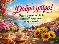 Слънчево добро утро с кафе, цветя и морски изглед в топла и ведра атмосфера