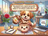 Усмихнато кученце с кафе и мило добро утро в уютна офис атмосфера