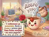 Весела сутрин: Картичка с кафе, роза и пожелание