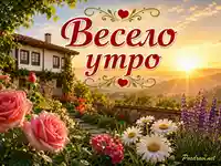 Весело утро с изгрев, цветна градина и уютна селска къща сред хълмове