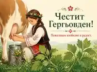 Гергьовденска сцена с момиче в носия, което дои крава сред пролетна поляна, с надпис „Честит Гергьовден!“