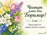Акварелен пролетен букет с текст „Честит имен ден, Боримир!“ и дата „2 май“ върху нежен пастелен фон.