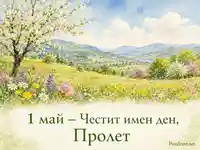Акварелен пролетен пейзаж с цъфнало дърво, цветна поляна и текст „1 май – Честит имен ден, Пролет“