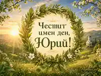 Честит имен ден, Юрий, с лавров венец, цветя и слънчев планински пейзаж
