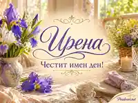 Елегантна картичка за имен ден на Ирена с лилави ириси и празнична трапеза