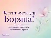 Пастелен флорален дизайн с акварелно лилаво цвете и текст „Честит имен ден, Боряна!“ и пожелание за 2 май.
