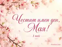 Пролетна сцена с цъфнали розови цветове и слънчеви лъчи с надпис „Честит имен ден, Мая!“ и „1 май“