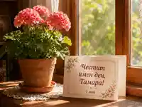 Слънчев перваз с розово мушкато и картичка „Честит имен ден, Тамара!“ за 1 май