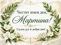 Елегантна картичка за имен ден на Мартина с бели цветя, зелени листа и златни орнаменти