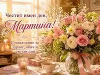 Имен ден на Мартина с цветя, чай, свещ и топло пожелание за здраве и обич
