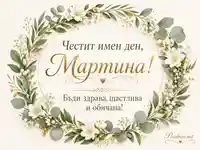 Имен ден на Мартина с флорален венец и златист празничен надпис