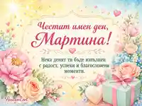 Нежна картичка за имен ден на Мартина с цветя, подарък и сърдечен празничен надпис