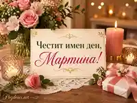 Нежна картичка за имен ден на Мартина с рози, свещи и подарък