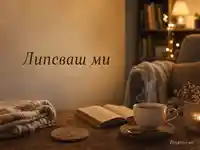 Уютна вечерна сцена с чай, книга и послание „Липсваш ми“ в топла домашна атмосфера