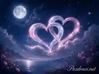 Лунна нощ със светещи преплетени сърца над спокойно море
