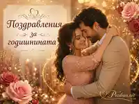 Романтична годишнина с прегърната двойка и златни цветя