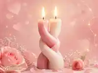 Романтична сцена с преплетени свещи, рози и нежно розово сияние