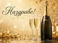 Златна празнична сцена с шампанско, две чаши и елегантен надпис „Наздраве!“