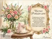 Елегантна картичка за рожден ден на жена с рози и торта