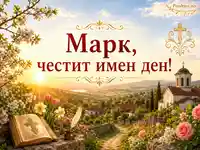 Пролетна християнска сцена с честит имен ден за Марк и православни символи