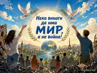 Послание за световен мир с гълъби, хора и надежда сред руини и светлина