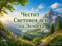 Планинска долина с цветя и надпис за Световния ден на Земята