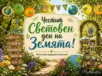 Празнична сцена за Световния ден на Земята с цветя, фенери, глобуси и екологично послание