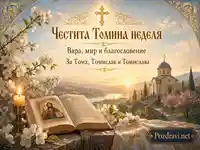 Томина неделя с молитвен надпис, свещ, икона и пролетен храм