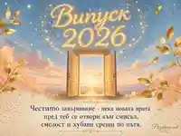 Абитуриентска картичка за Випуск 2026 с отворена врата, изгрев и вдъхновяващ надпис