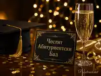 Елегантен абитуриентски бал с шампанско, златна украса и черна картичка