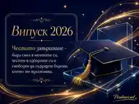 Елегантна картичка за Випуск 2026 с академична шапка и вдъхновяващо послание