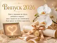 Елегантна картичка за Випуск 2026 с диплом, орхидеи и златен медальон