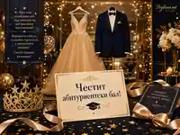 Елегантна сцена за абитуриентски бал със златна рокля, костюм и празнична картичка