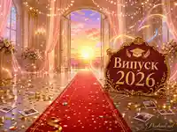 Тържествена сцена за Випуск 2026 с червен килим, златна украса и залез