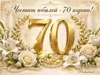 Елегантен златен юбилей за 70 години с бели цветя и празничен надпис