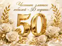 Златен юбилей 50 години с бели рози и луксозна златна украса