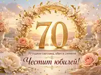 Златна картичка за 70-годишен юбилей с цветя, перли и празничен надпис