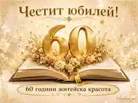 Златна юбилейна картичка за 60 години с цветя, книга и празничен надпис