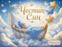 Честит син с новородено бебе в синя люлка сред облаци, звезди и балони