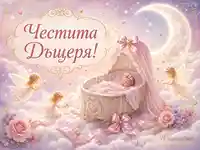Честита дъщеря с бебе в розова люлка, феи, луна и приказна украса