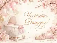 Нежна картичка „Честита Дъщеря!“ с бебешка люлка, розови цветя и балони