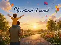 Честит 1 юни с дете, баща, хвърчила и балони в слънчев парк