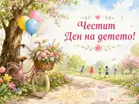 Ден на детето с розов велосипед, цветя, балони и играещи деца