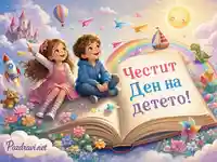 Приказна сцена за Деня на детето с две деца, книга, дъга, замък и надпис „Честит Ден на детето!“